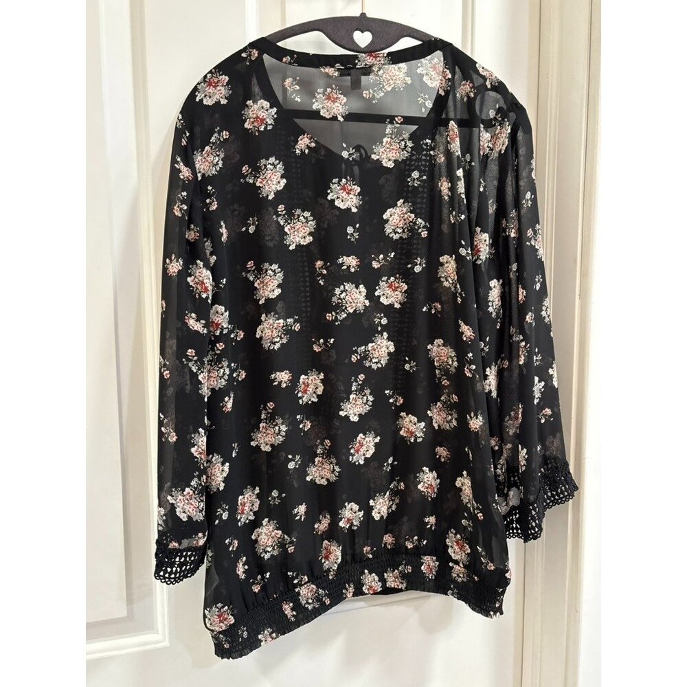 Black Rainn Semi-Sheer Black Floral Drawstring Bell Sleeve Crotched Lace Size L - Picture 7 of 13